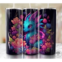 baby dragon neon 20 oz skinny tumbler sublimation design, rainbow alcohol ink glitter, digital download, straight & tape