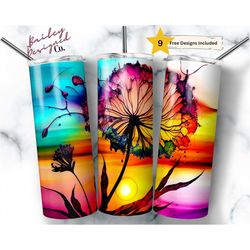 alcohol ink dandelion 20 oz skinny tumbler sublimation design digital download png instant digital only, watercolor flor
