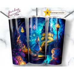 magical alice in wonderland 20oz skinny tumbler sublimation design templates, fairytale forest tumbler straight png digi