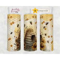 watercolor bee tumbler, hive life 20oz skinny tumbler sublimation designs- png digital download - sunflower tumbler png