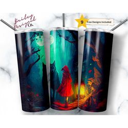 magical red riding hood 20oz skinny tumbler sublimation design templates, fairytale forest tumbler straight png digital