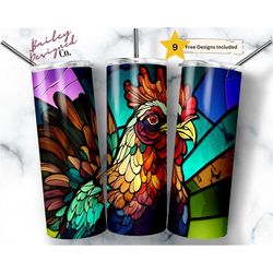 stained glass chicken 20oz skinny tumbler sublimation design templates, ranch tumbler straight png digital download farm