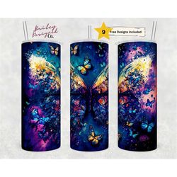 alcohol ink butterflies 20 oz skinny tumbler sublimation design digital download png instant digital only, glitter print