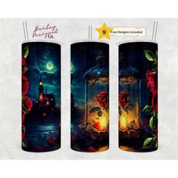 magical castle 20oz skinny tumbler sublimation design templates, red roses tumbler straight png digital download