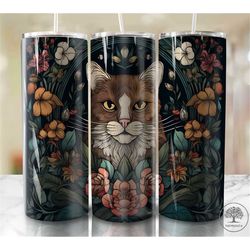 cat flowers stained glass 20 oz skinny tumbler sublimation design, instant digital download png, straight & tapered tumb