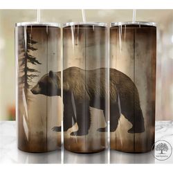 rustic grizzly bear 20 oz skinny tumbler sublimation wrap, straight template tumbler digital download png bear woodgrain