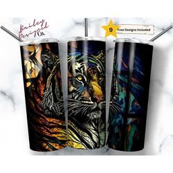 stained glass tiger 20oz skinny tumbler sublimation design templates, big cat tumbler straight png digital download jung