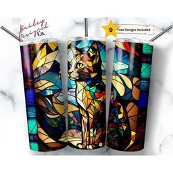 stained glass cat 20oz skinny tumbler sublimation design templates, cat owner tumbler straight png digital download cute