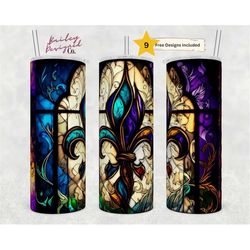 stained glass fleur de lis 20 oz skinny tumbler sublimation design digital download png instant digital only, mardi gra