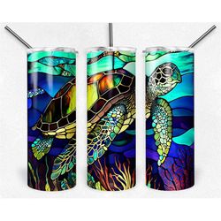 stained glass beach sea turtle 20oz skinny tumbler sublimation design templates, ocean tumbler straight png digital down