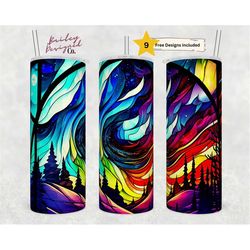 stained glass northern lights 20oz skinny tumbler sublimation design templates, mountains tumbler straight png digital d
