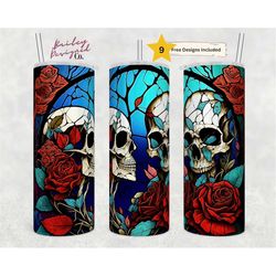 stained glass valentine's day skulls 20 oz skinny tumbler sublimation design digital download png instant digital only,