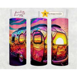 stained glass retro camper 20oz skinny tumbler sublimation design templates, camping tumbler straight png digital downlo