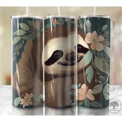 flowers baby sloth 20 oz skinny tumbler sublimation design, instant digital download png, straight & tapered tumbler wra