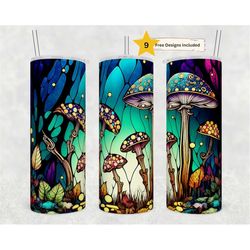 stained glass mushrooms 20oz skinny tumbler sublimation design templates, nature scene tumbler straight png digital down