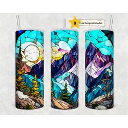 stained glass mountains 20oz skinny tumbler sublimation design templates, nature scene tumbler straight png digital down