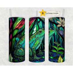 stained glass frog 20oz skinny tumbler sublimation design templates, nature scene tumbler straight png digital download