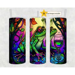 stained glass funny frog 20oz skinny tumbler sublimation design templates, nature scene tumbler straight png digital dow