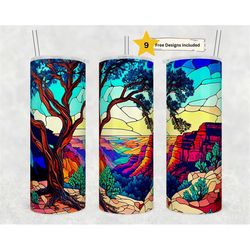 stained glass grand canyon 20oz skinny tumbler sublimation design templates, nature scene tumbler straight png digital d