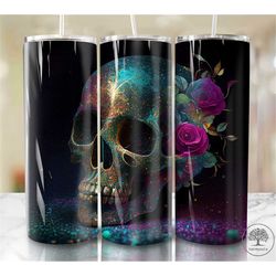 pink roses and flowers skull 20 oz skinny tumbler sublimation design, instant digital download png, straight & tapered t