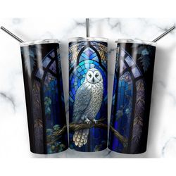 stained glass snow owl 20oz skinny tumbler sublimation design templates, woodland creature tumbler straight png digital