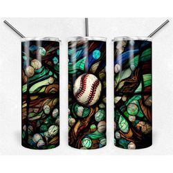 stained glass baseball 20oz skinny tumbler sublimation design templates, sports tumbler straight png digital download