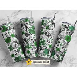 skulls and shamrocks 20oz skinny tumbler templates, st patricks day tumbler straight png digital download, clover skelet