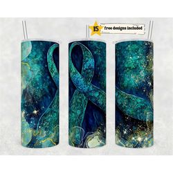 alcohol ink teal ribbon awareness 20 oz skinny tumbler sublimation design digital download png instant digital only, gli