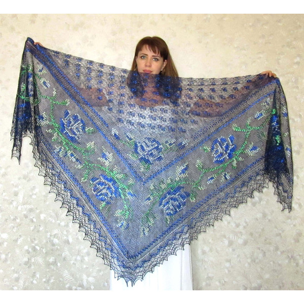 Dark blue embroidered Orenburg Russian shawl, Hand knit cover up, Wool wrap, Handmade stole, Kerchief, Wedding shawl, Warm bridal cape, Big scarf, Gift for her.