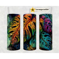 Alcohol Ink Monstera Leaves 20 oz Skinny Tumbler Sublimation Design Digital Download PNG Instant DIGITAL ONLY, Gold Glit