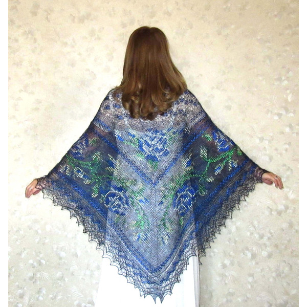 Dark blue embroidered Orenburg Russian shawl, Hand knit cover up, Wool wrap, Handmade stole, Kerchief, Wedding shawl, Warm bridal cape, Big scarf, Gift for wife