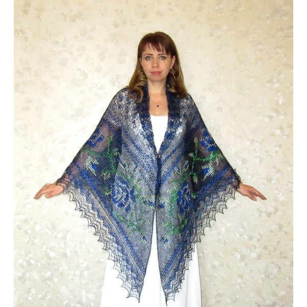 Dark blue embroidered Orenburg Russian shawl, Hand knit cover up, Wool wrap, Handmade stole, Kerchief, Wedding shawl, Warm bridal cape, Big scarf, Gift for mum.