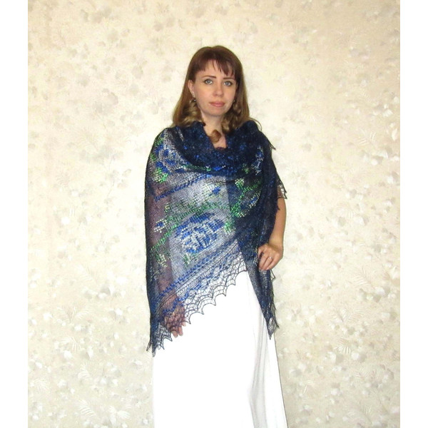 Dark blue embroidered Orenburg Russian shawl, Hand knit cover up, Wool wrap, Handmade stole, Kerchief, Wedding shawl, Warm bridal cape, Big scarf, Gift for a wo