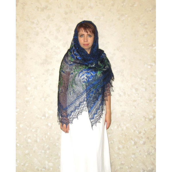 Dark blue embroidered Orenburg Russian shawl, Hand knit cover up, Wool wrap, Handmade stole, Kerchief, Wedding shawl, Warm bridal cape, Big scarf, Gift for gran
