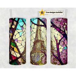 stained glass eiffel tower 20 oz skinny tumbler sublimation design digital download png instant digital only, paris fran