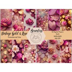 vintage gold foil & rose glitter digital paper, seamless gold foil textures, metallic gold printable paper, pink digital