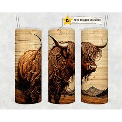 Rustic Highland Cow 20 oz Skinny Tumbler Sublimation wrap, straight template Tumbler digital download PNG Cow Woodgrain