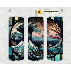 stained glass great wave of kanawaga 20 oz skinny tumbler sublimation design digital download png instant digital only,