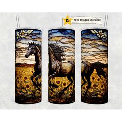 stained glass horse and sunflowers 20 oz skinny tumbler sublimation design digital download png instant digital only, na
