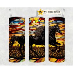stained glass horse and sunflowers 20 oz skinny tumbler sublimation design digital download png instant digital only, na