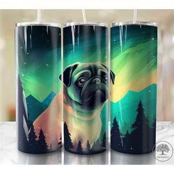 northern lights pug 20oz sublimation tumbler designs, colorful 9.2 x 8.3 straight skinny tumbler wrap png, sublimation d