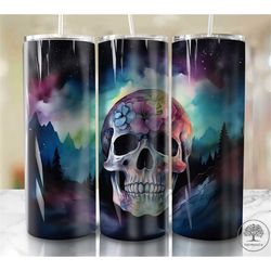 northern lights skull 20oz sublimation tumbler designs, colorful 9.2 x 8.3 straight skinny tumbler wrap png, sublimation
