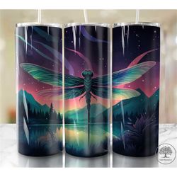 Northern Lights Dragonfly 20oz Sublimation Tumbler Designs, Colorful 9.2 x 8.3 Straight Skinny Tumbler Wrap PNG, Sublima
