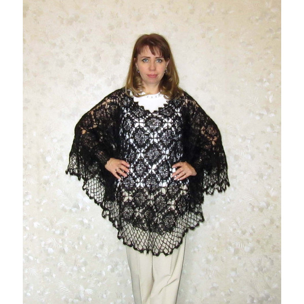 black woolen women's poncho, large size openwork knitted blouse, crocheted sweater, gift for wife, gift for a woman.JPG
