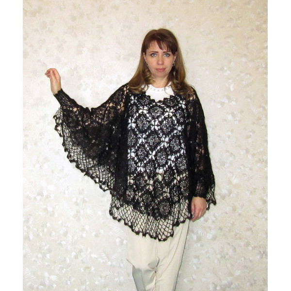 black wool women's poncho with cuffs, large size openwork knitted blouse, lace crochet sweater, gift for wife, gift for friend.JPG