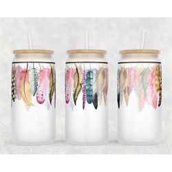 boho feathers glass can wrap - digital sublimation design