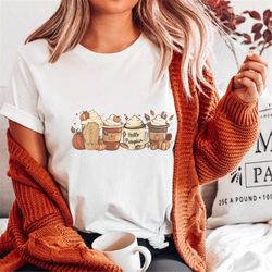 fall coffee shirt. cute hello pumpkin t-shirt. thanksgiving gift idea. pumpkin spice latte drink cups tee shirt short sl