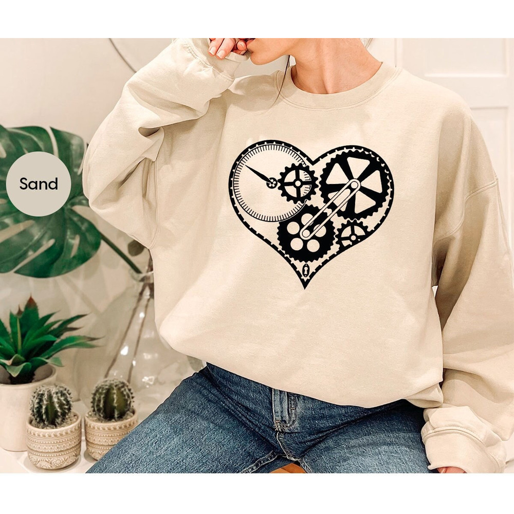 Mechanical Heart Crewneck Sweatshirt for Valentines Day, Heart Graphic Tees, Heart Steampunk Gears Cogs Clockwork Gifts for Engineer Women - 1.jpg