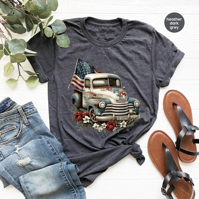 Memorial Day Gifts, Floral American Car Graphic Tees, 4th of July TShirt, Gift for Him, American Flag Outfit, Independence Day Clothing - 1.jpg