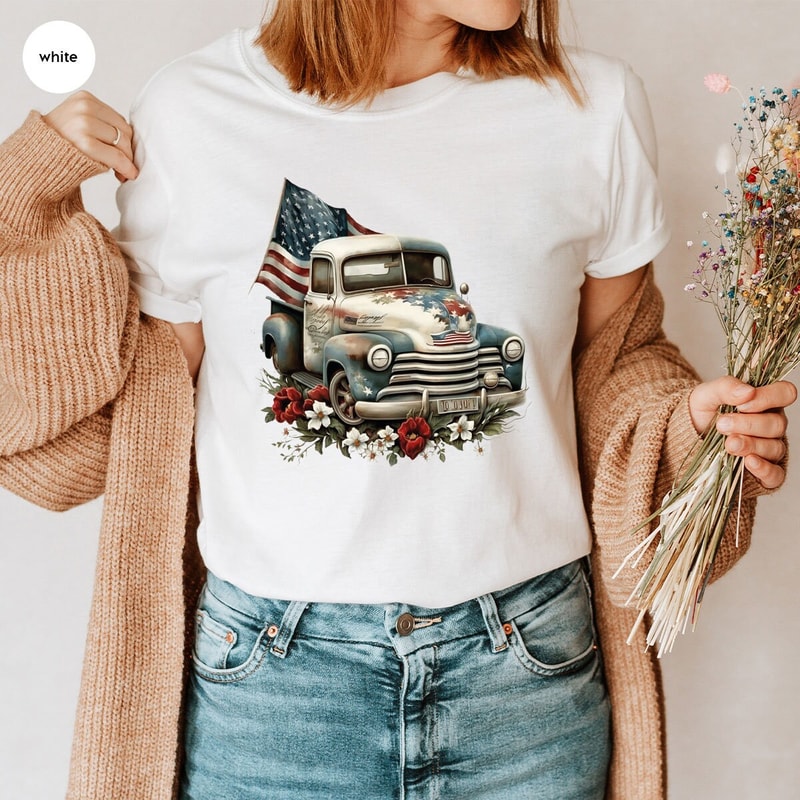 Memorial Day Gifts, Floral American Car Graphic Tees, 4th of July TShirt, Gift for Him, American Flag Outfit, Independence Day Clothing - 2.jpg
